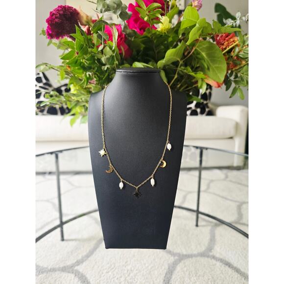 Stainless Steel Gold Pearl Moon Stars Necklace New - Picture 4 of 4